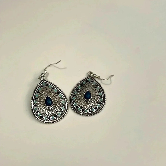 Silver Turquoise Tear Drop Bohemian Earrings - Picture 5 of 5